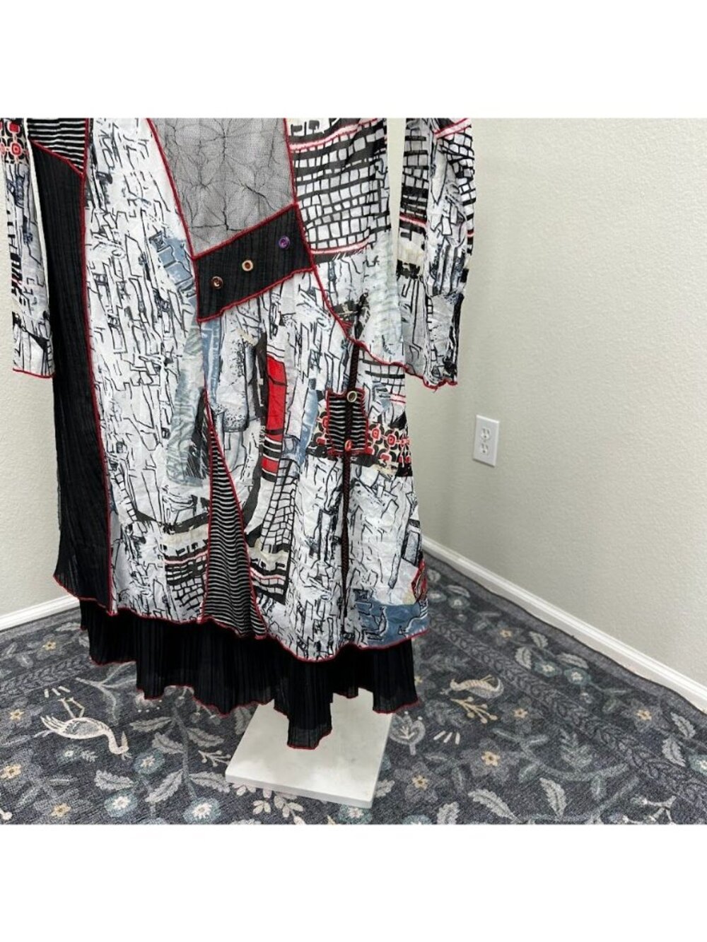 Pretty Angel Patchwork Silk Blend Midi Dress Long Sleeve Scoop Neck Womens Sz XL - Picture 4 of 9